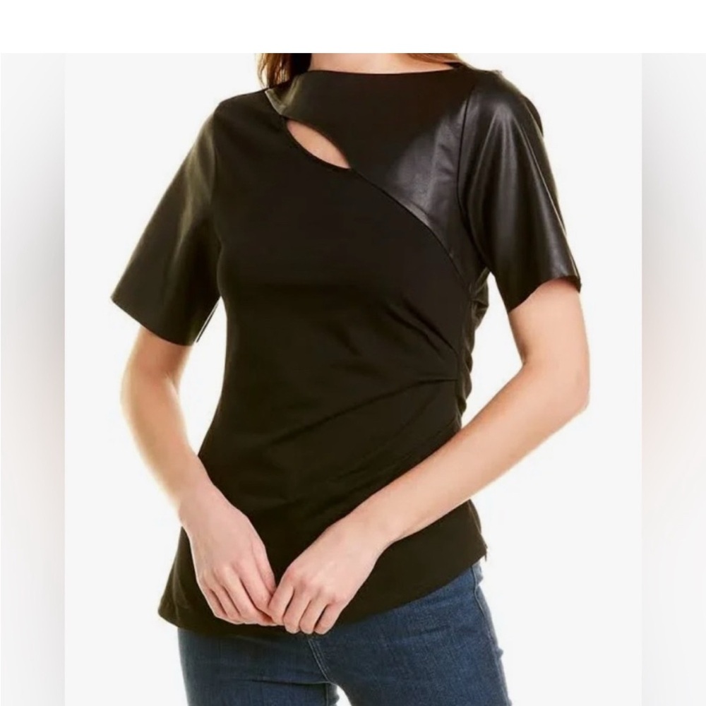 Gracia Black Leather & Cotton Asymmetrical Cut Out Top, size M